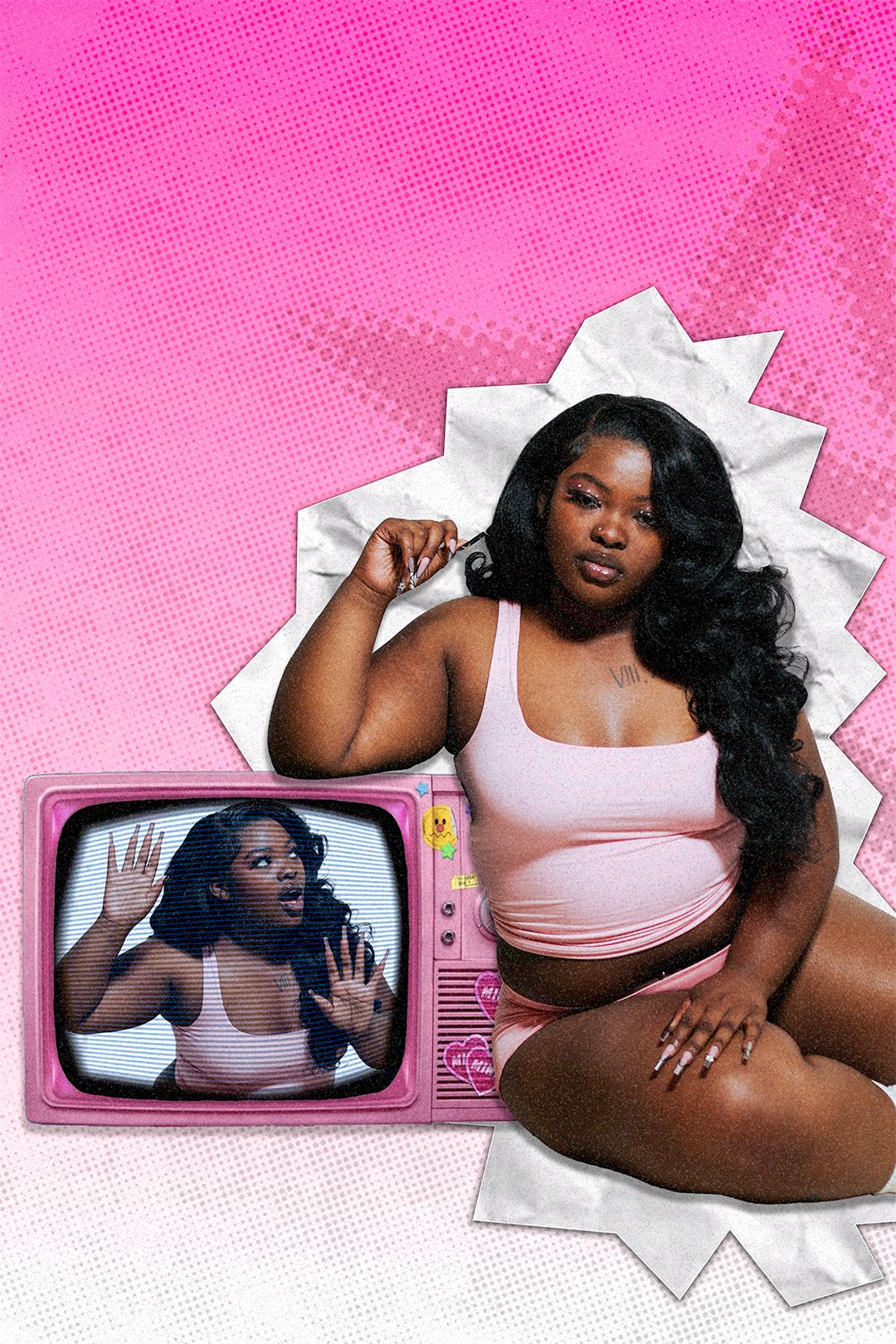 Pink-toned artistic photo series featuring model posing with retro TV aesthetic.