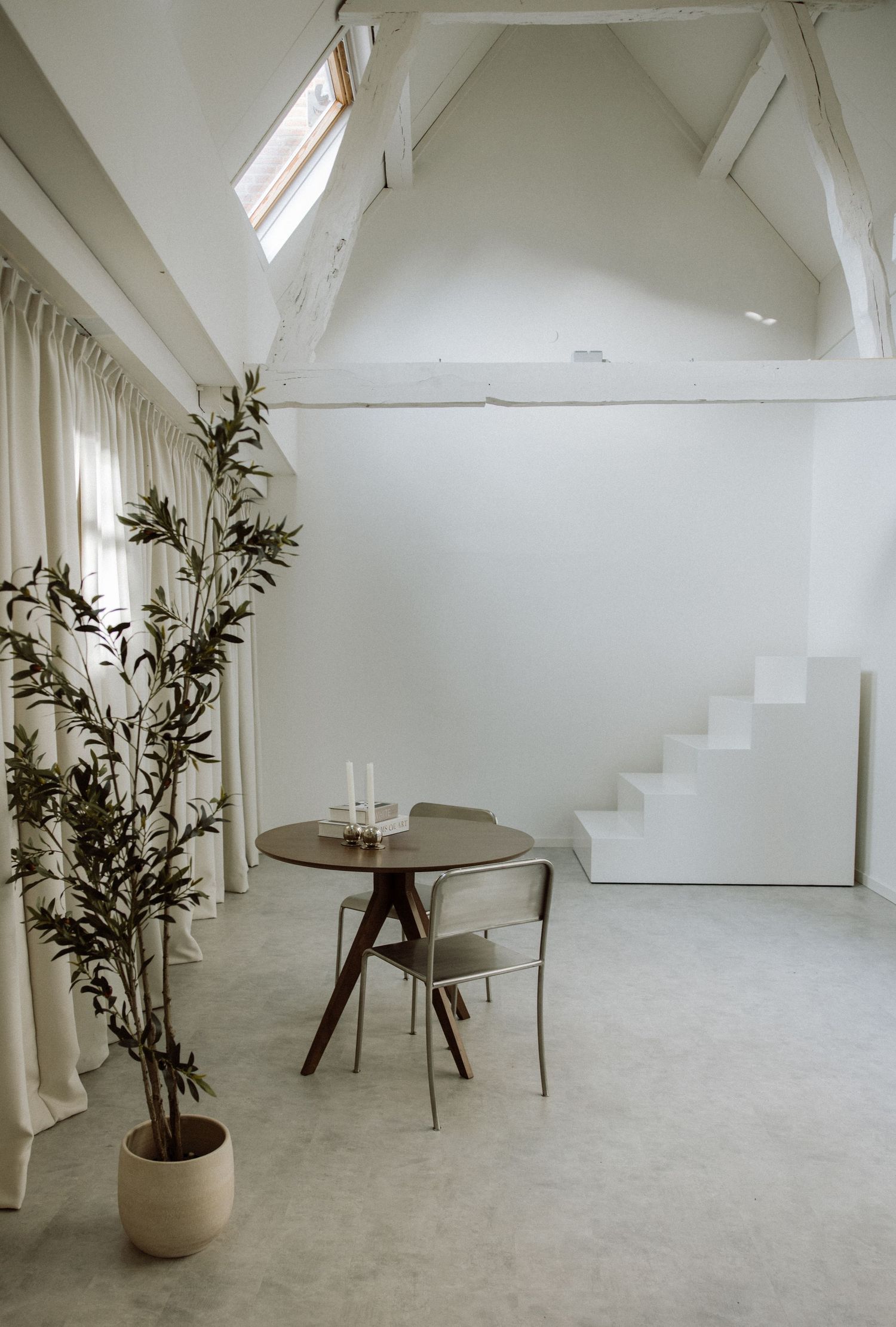 Minimalist white studio space with exposed beams, natural light, and potted bamboo plants in ceramic planters.