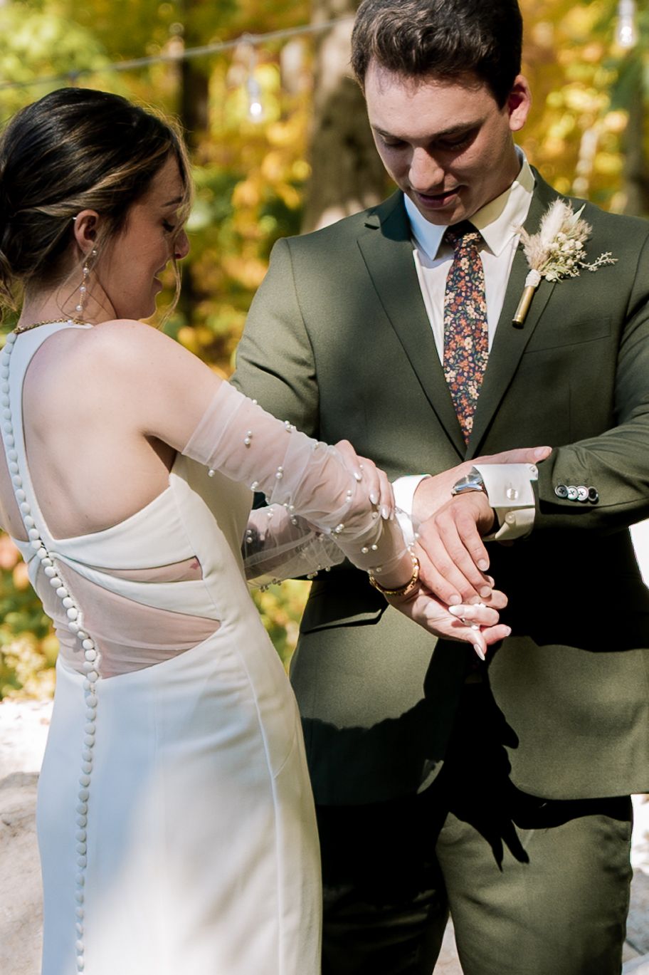 A sequence of wedding photos showing a couple in formal attire sharing a romantic moment against autumn foliage.