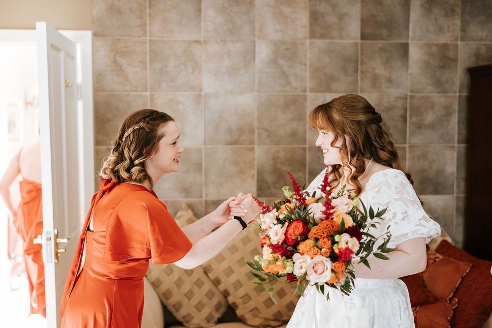 A sequence of wedding preparation photos showing details of a bridal suite with rustic stone walls and natural lighting. Cabra Castle