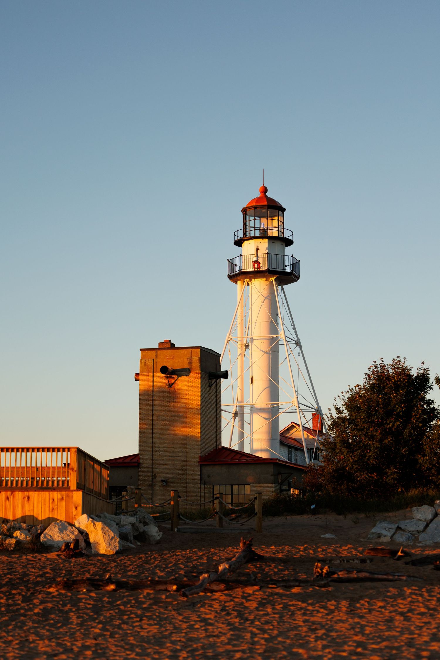 Whitefish Point Lighthouse near Whitefish Bay during golden hour in Michigan’s Upper Peninsula