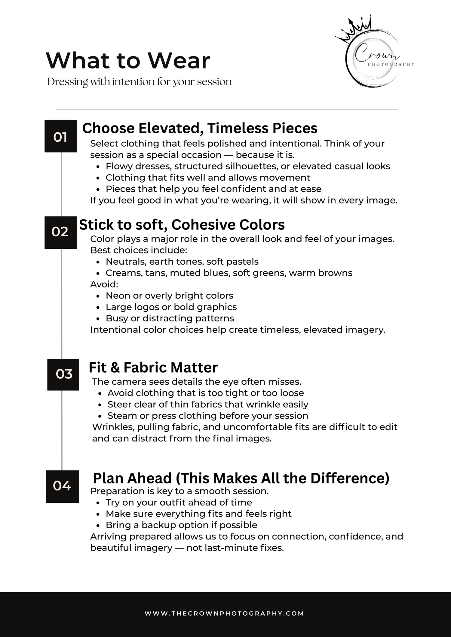 Professional photography styling guide showing four key tips for what to wear including color choices and fabric selections.