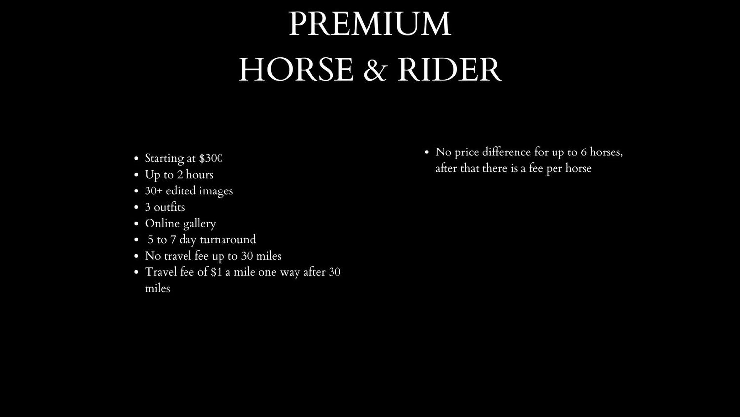 Woman in red jacket poses with horses beside Premium Horse & Rider photography package pricing details.