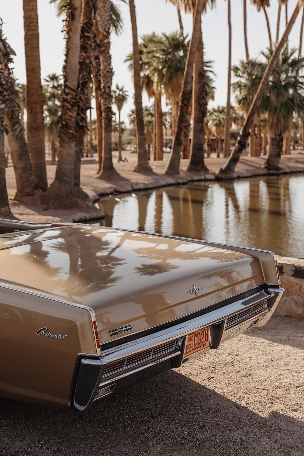 Vintage gold Chevrolet Caprice Classic parked near a serene palm-lined canal in warm desert sunlight.