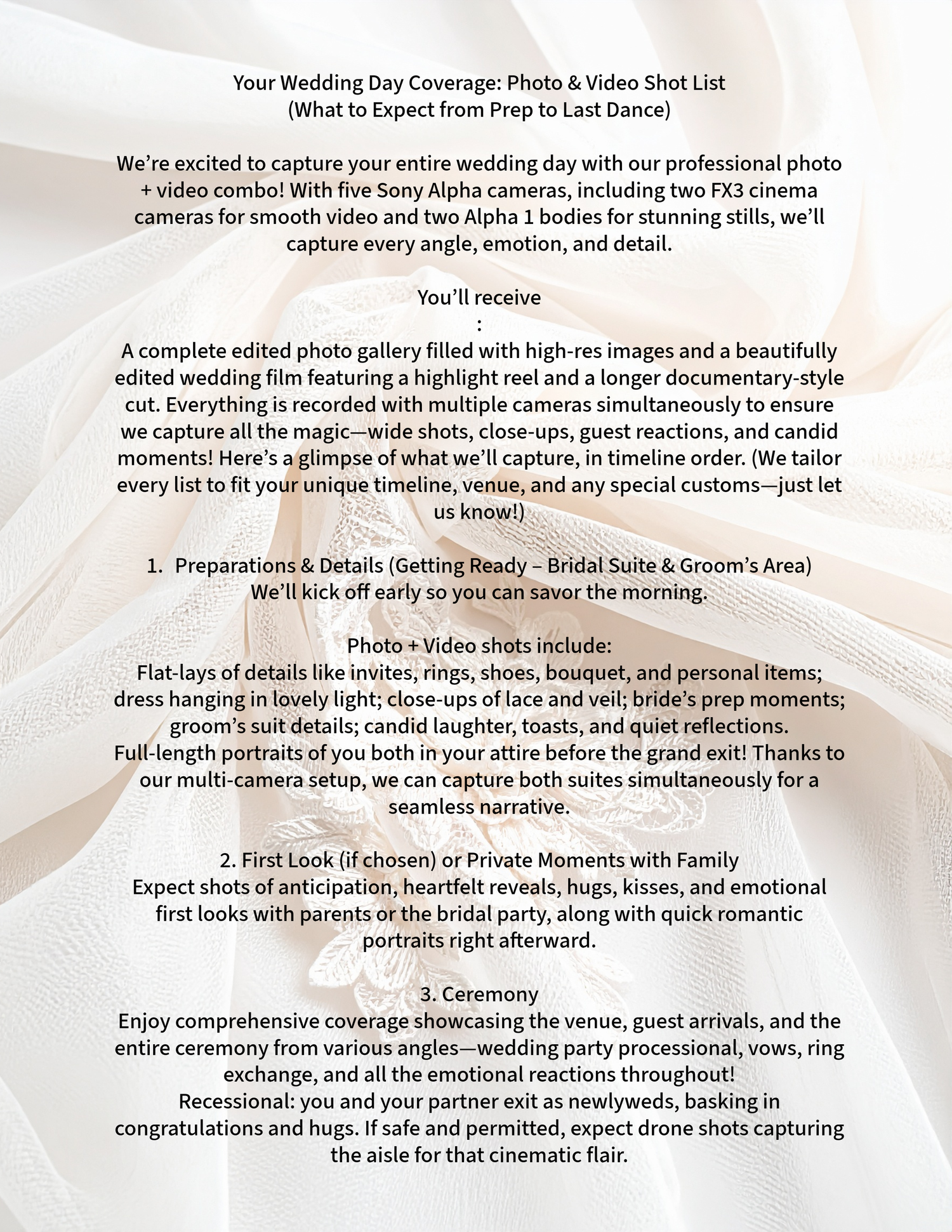 Wedding day photo and video shot list document detailing coverage from preparations to last dance with floral background.