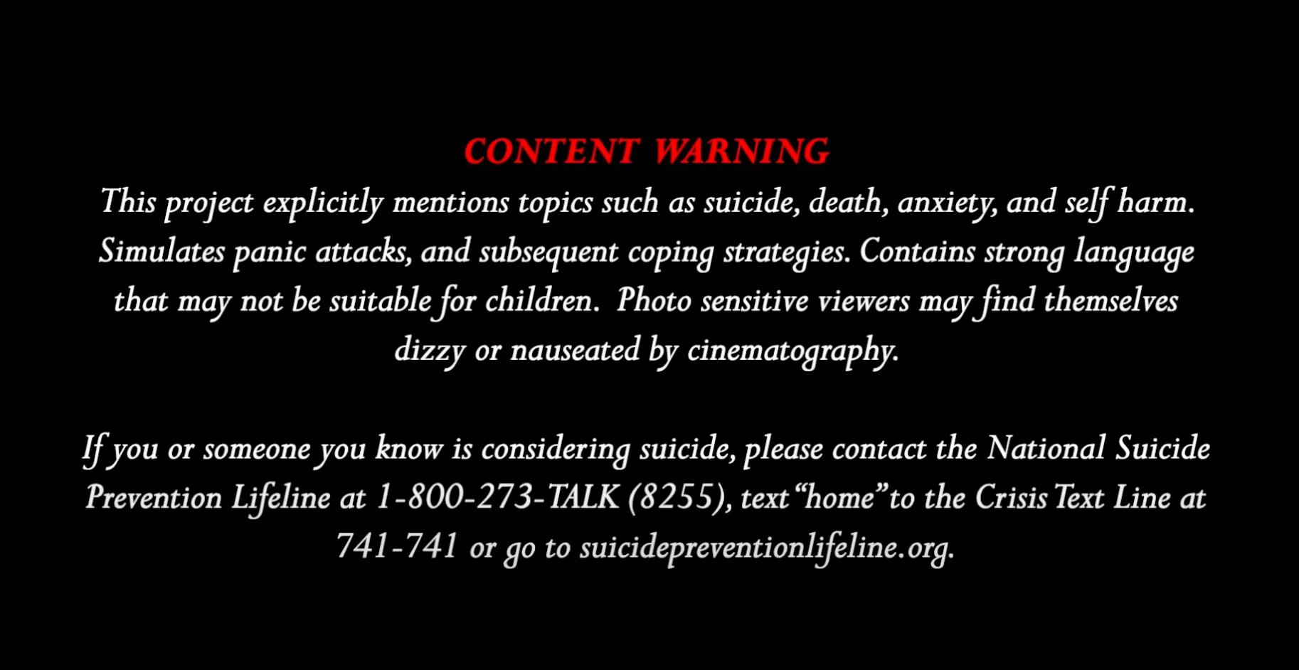 Content warning slide for Holy Broken documentary covering suicide, mental health, and self harm.