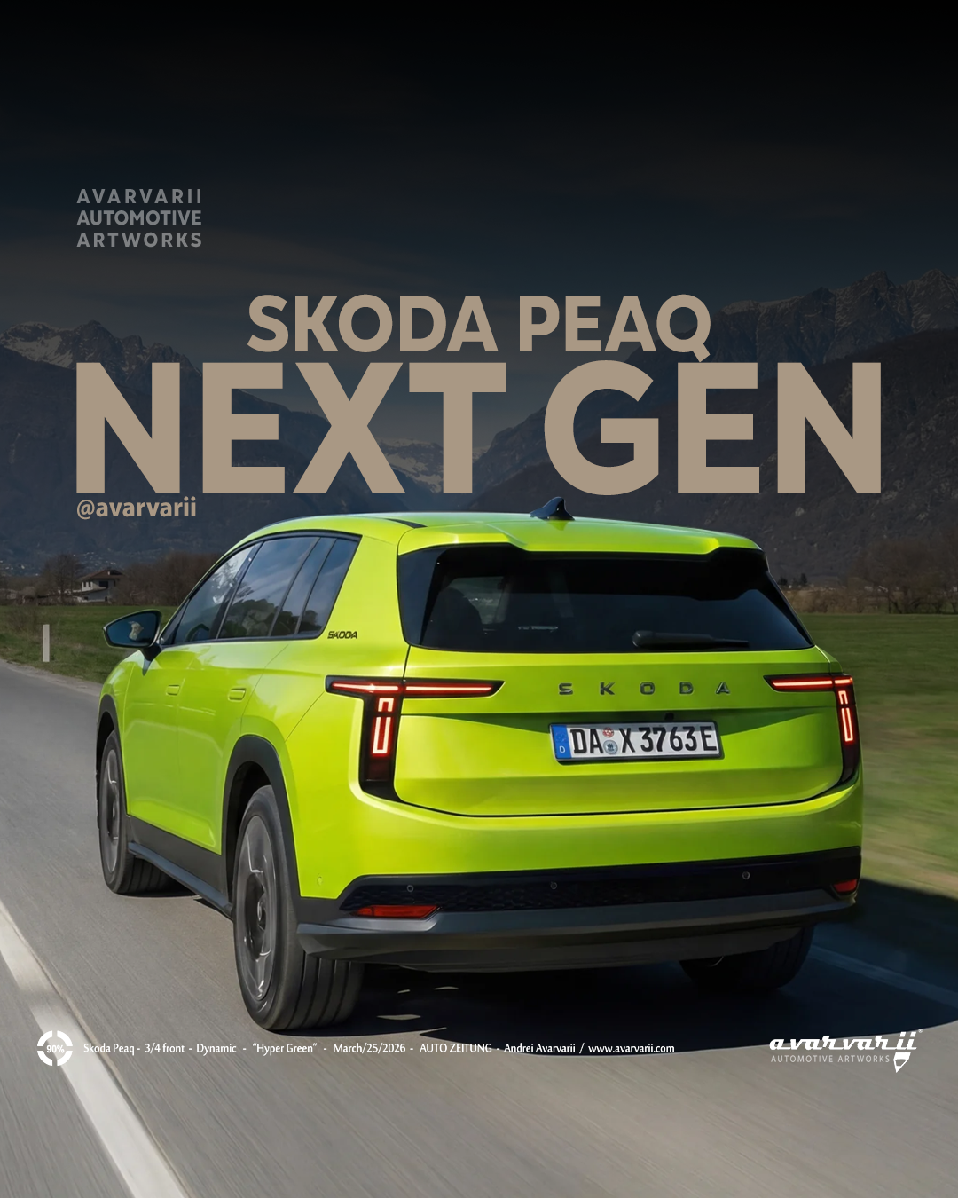 Skoda Peaq Next Gen SUV in vibrant lime green, rear view on mountain road, showcasing modern LED taillights.