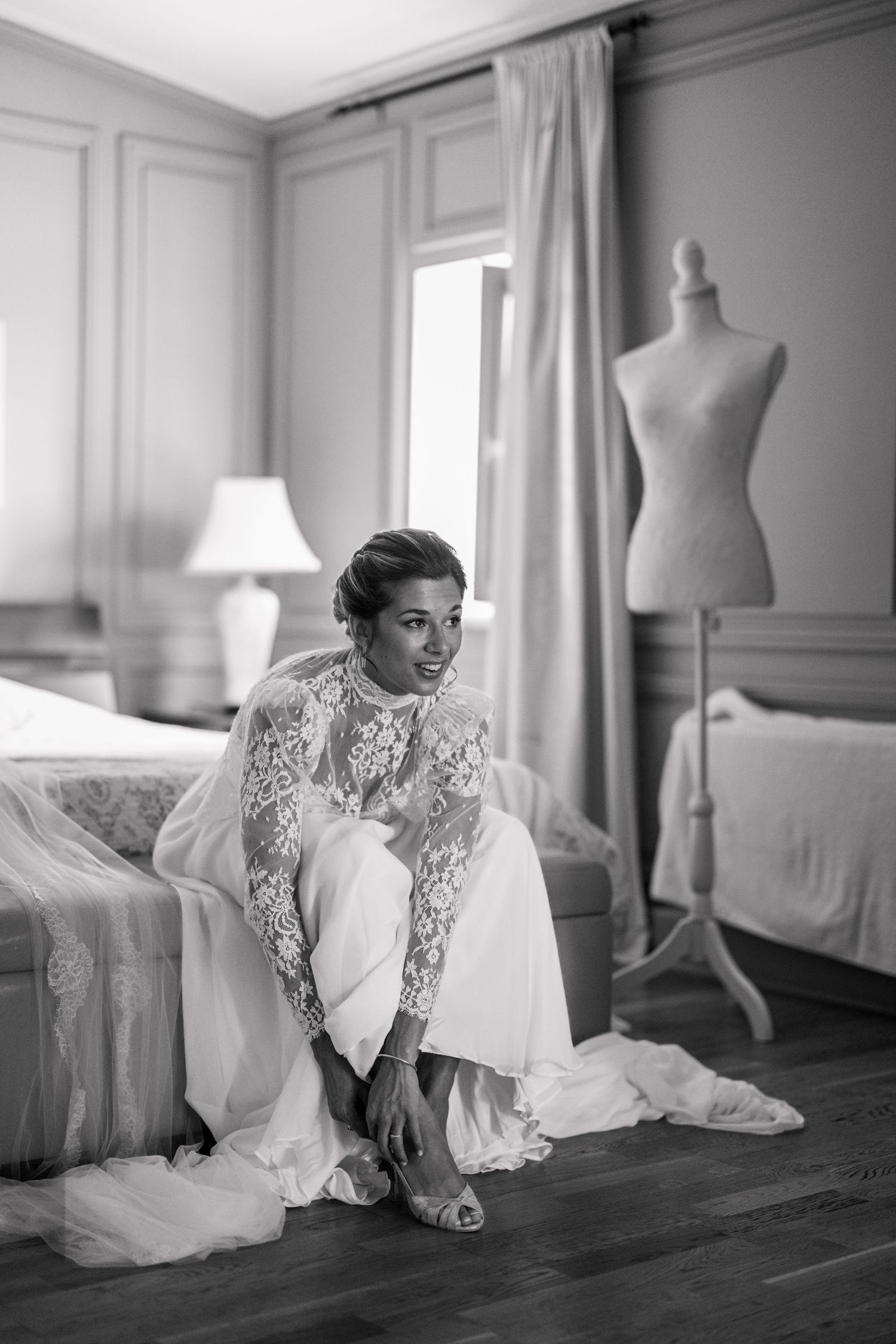 Artistic black and white bridal boudoir photo series showing lace details.