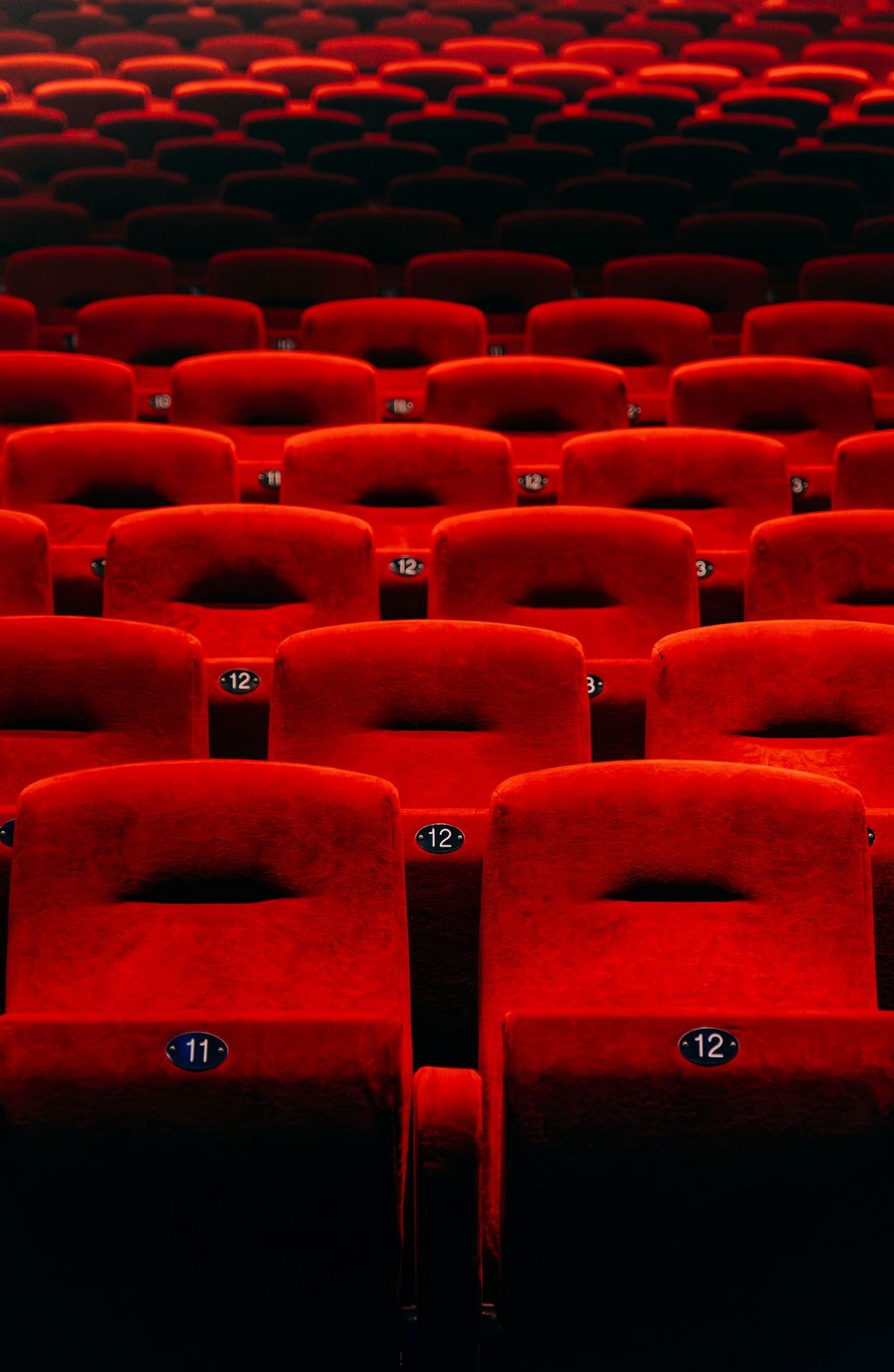 Rows of empty red velvet theater seats numbered in a dark auditorium.