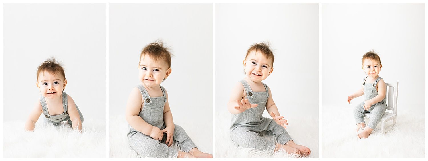 A sequence of baby photos of sweet boy in various poses against a white background.