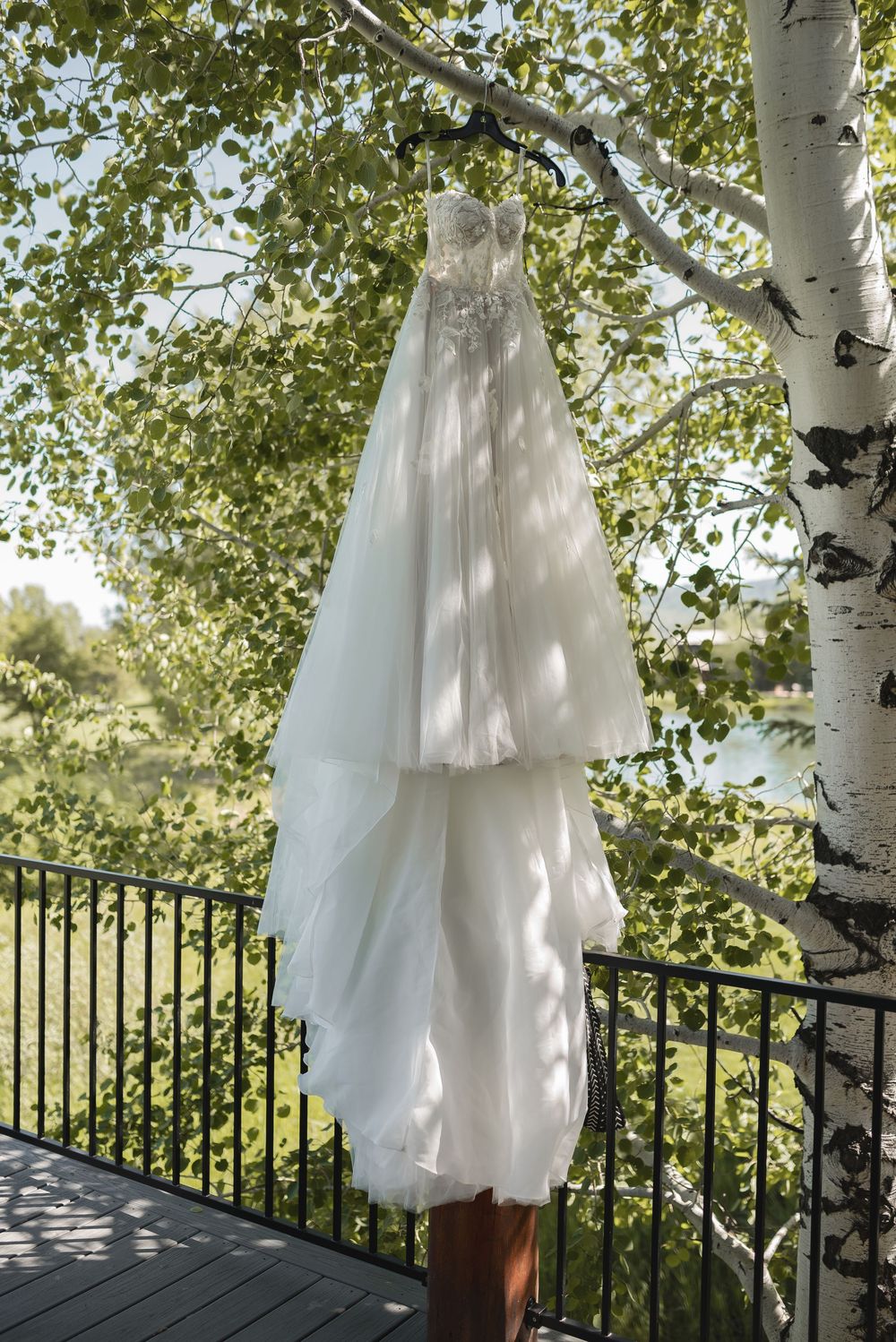 A white wedding dress hanging from a birch tree branch on a deck with black metal railing in sunlight.