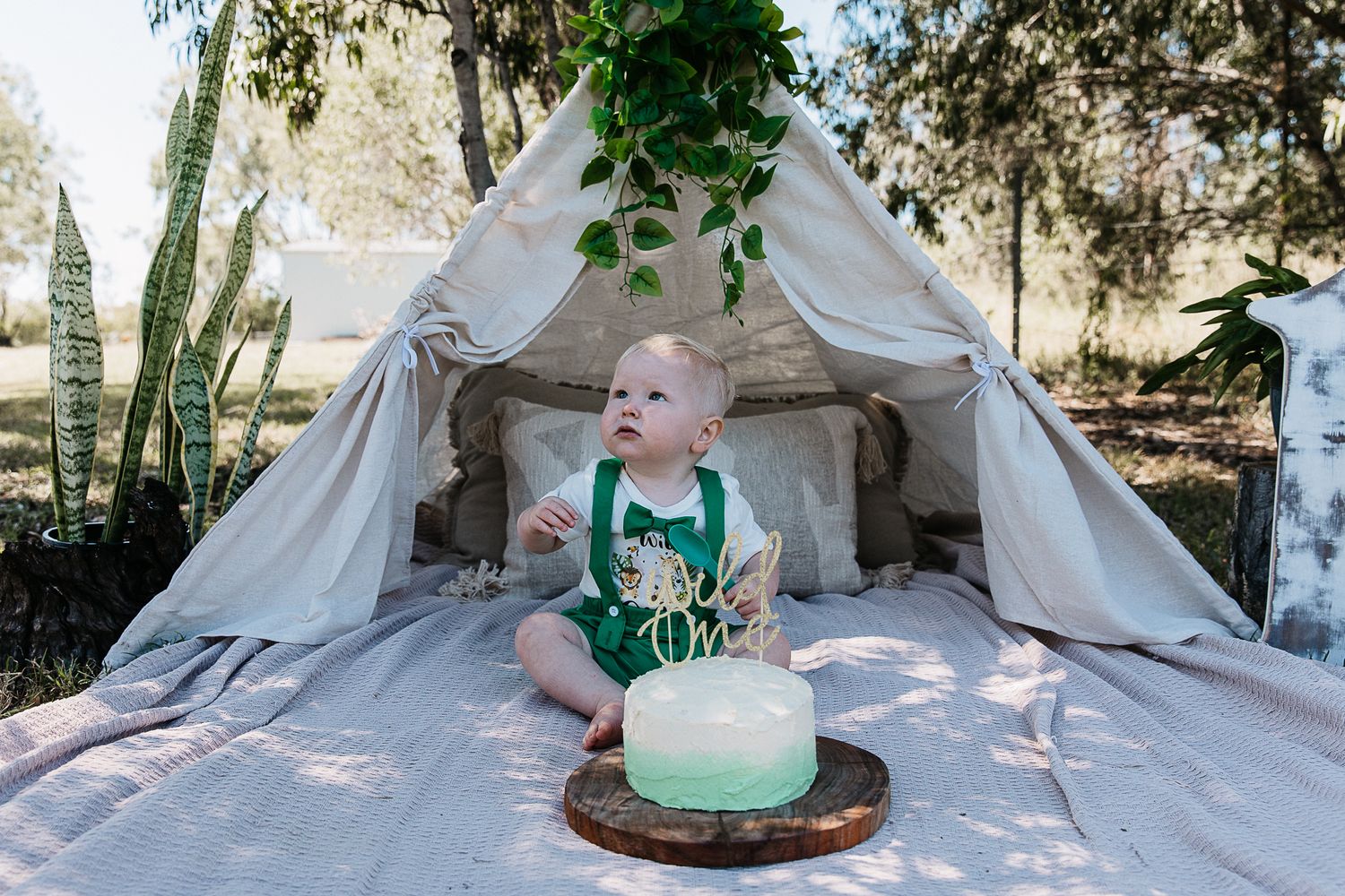 Baby boy sitting on a rug with cake at a "Wild One" professional cake smash photo shoot