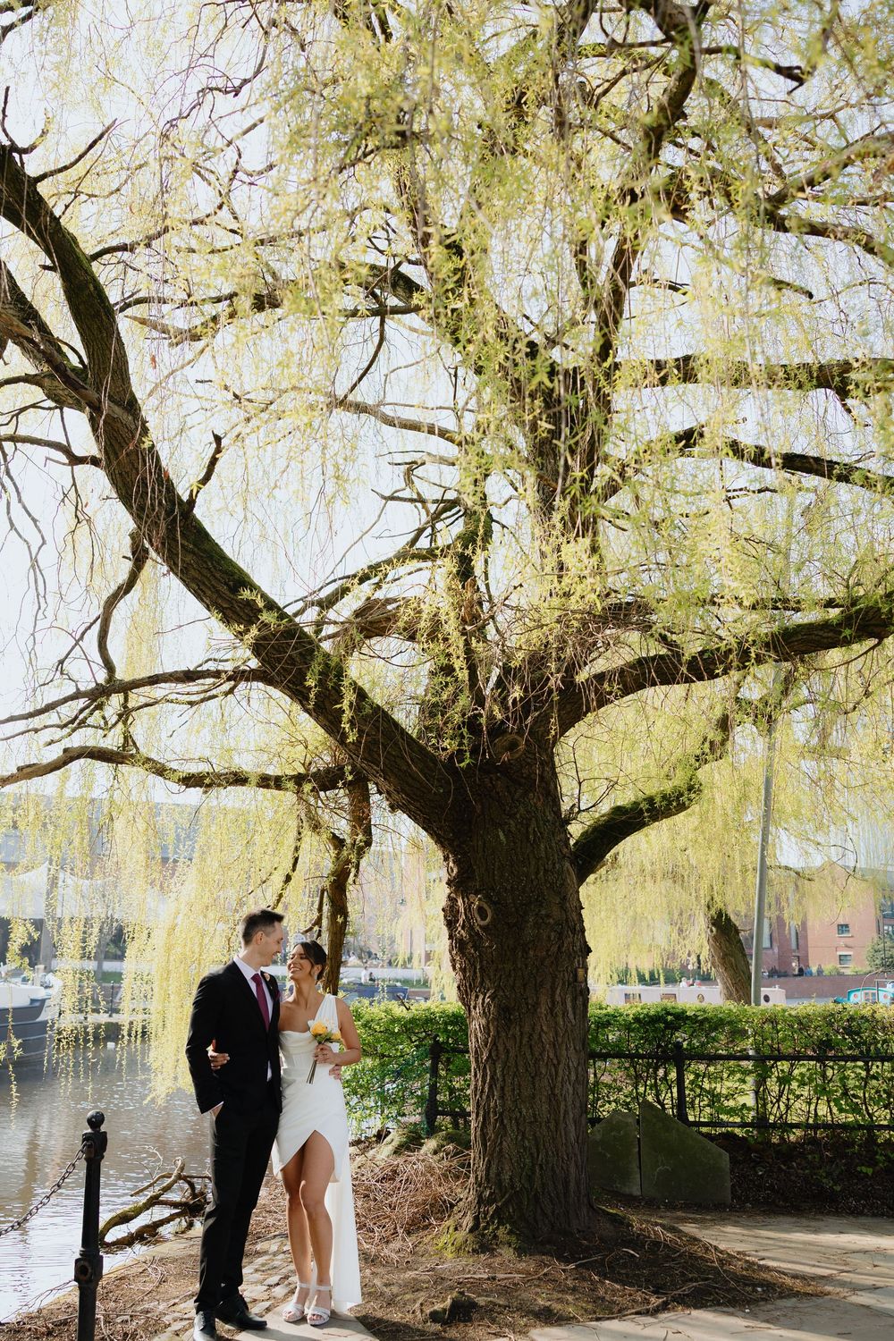 Bride and groom embracing under a large weeping willow tree by a waterfront on their wedding day.