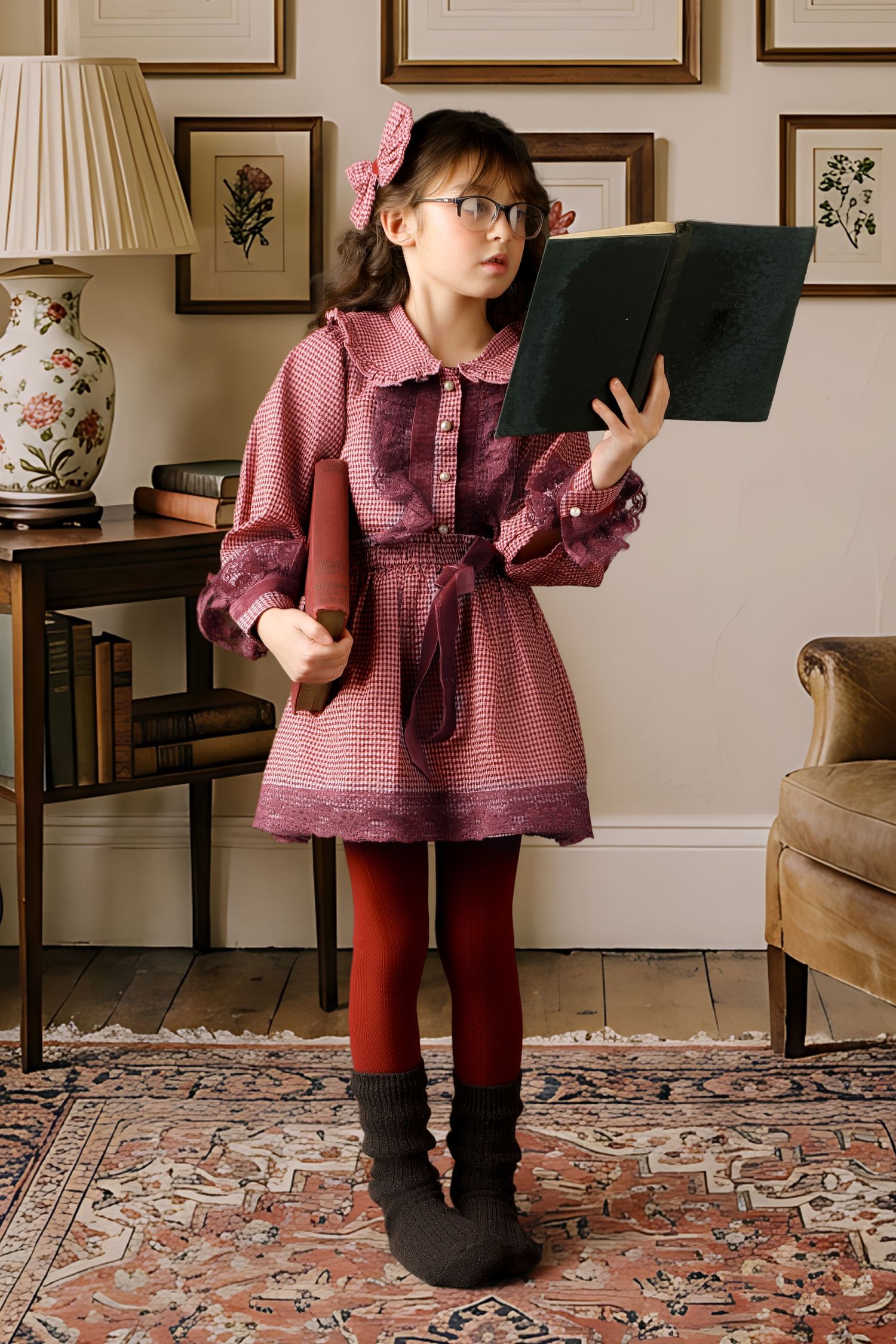Young girl in plaid blazer and skirt with white tights and black bow headband, posing playfully.