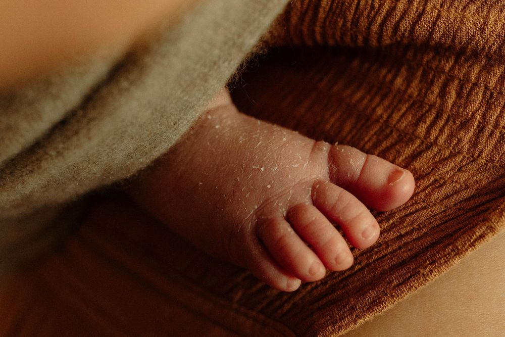 Close-up of a newborn baby's tiny feet wrapped in soft brown and tan blankets.