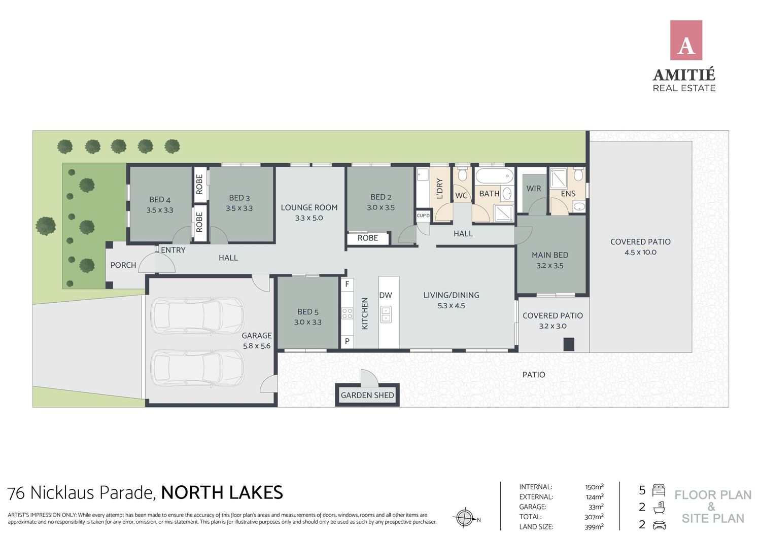 Floor plan of 4-bed 2-bath home at North Lakes with covered patio and double garage.