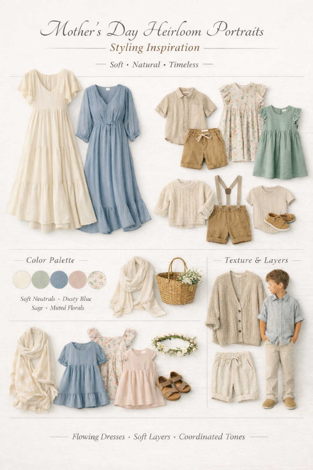Soft neutral and blue color palette mood board featuring vintage-inspired children's clothing and accessories for portraits.