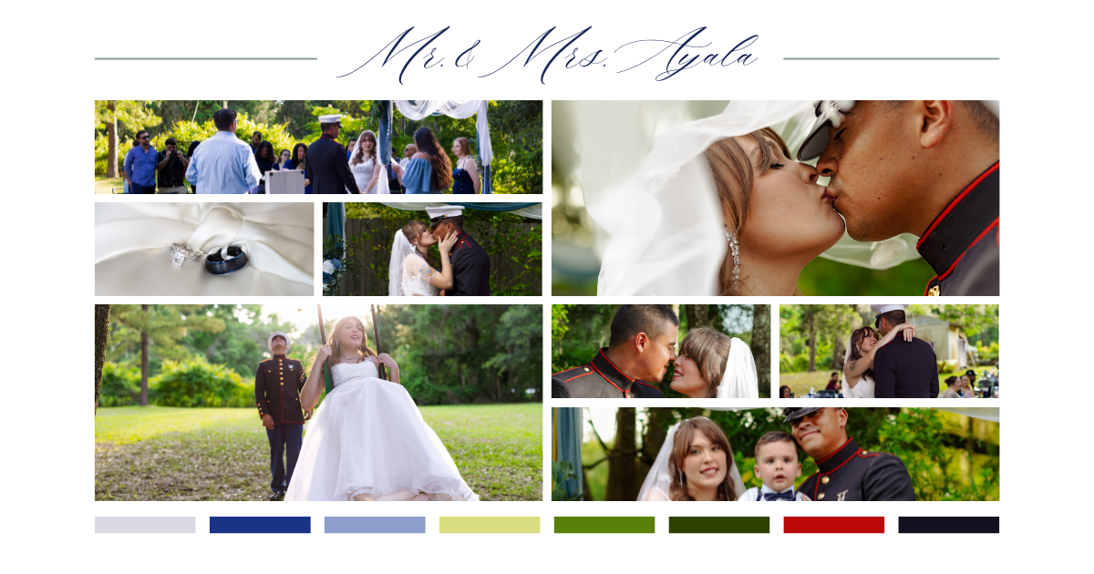 Wedding photo collage for Mr. and Mrs. Ayala featuring ceremony and portrait highlights.