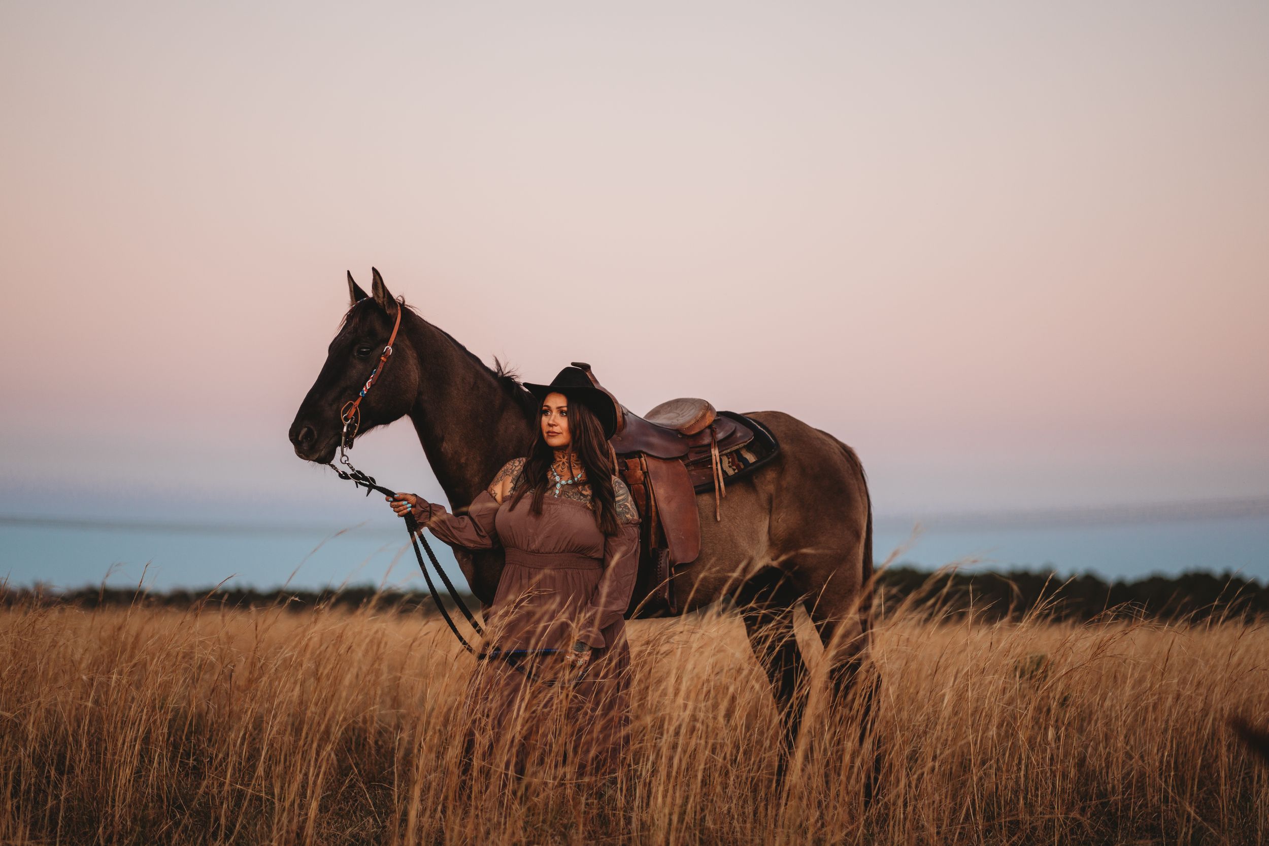 A saddled dark brown horse stands in a golden grass field at sunset against a soft pink sky.
