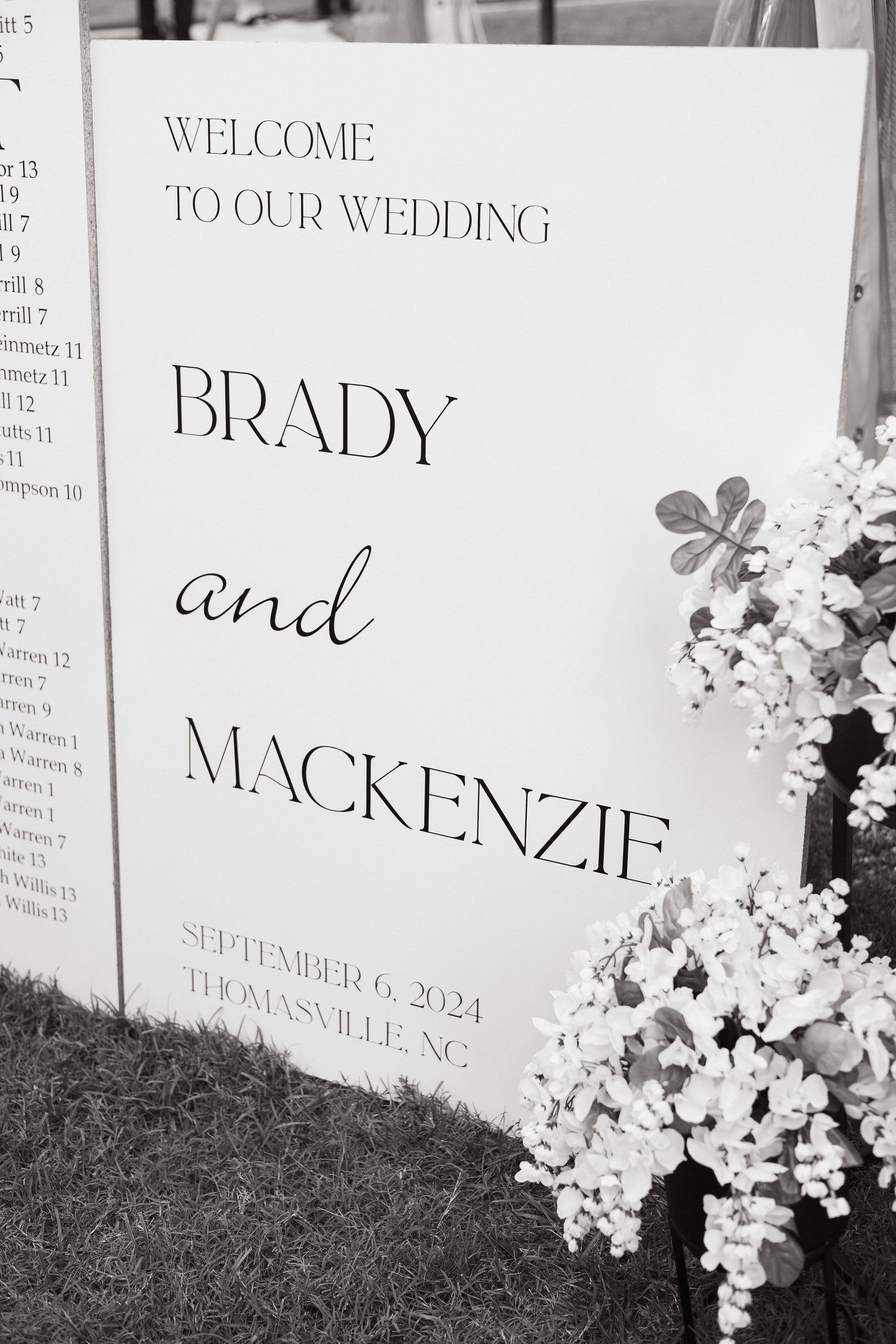 A black and white wedding welcome sign for Brady and Mackenzie's September 6, 2024 wedding in Blairsville, NC.