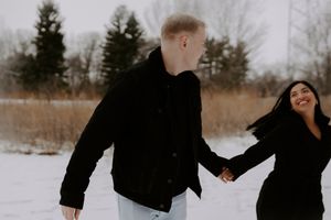 A series of candid winter photos showing a couple's loving interaction in a snowy setting.
