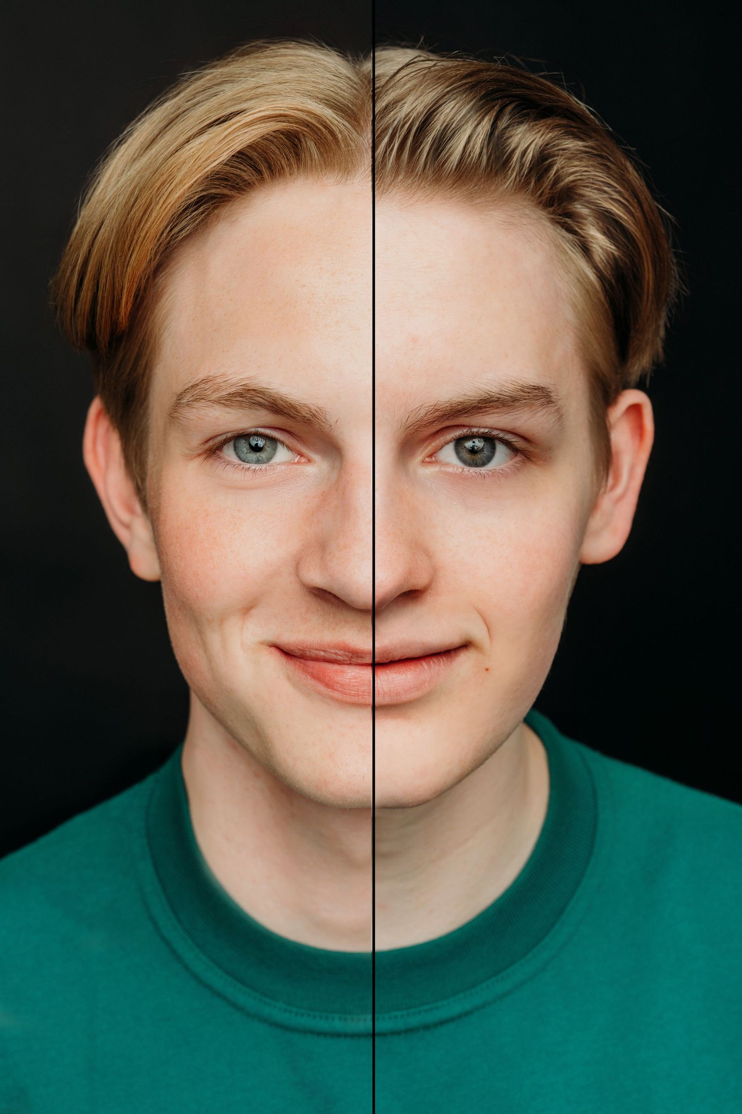 Split-face portrait showing symmetrical comparison of facial features against dark background in green sweater.