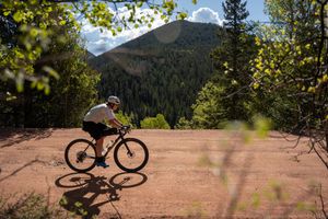 Cyclist riding a bike on a dirt trail with mountain views and sunlit trees in the background.