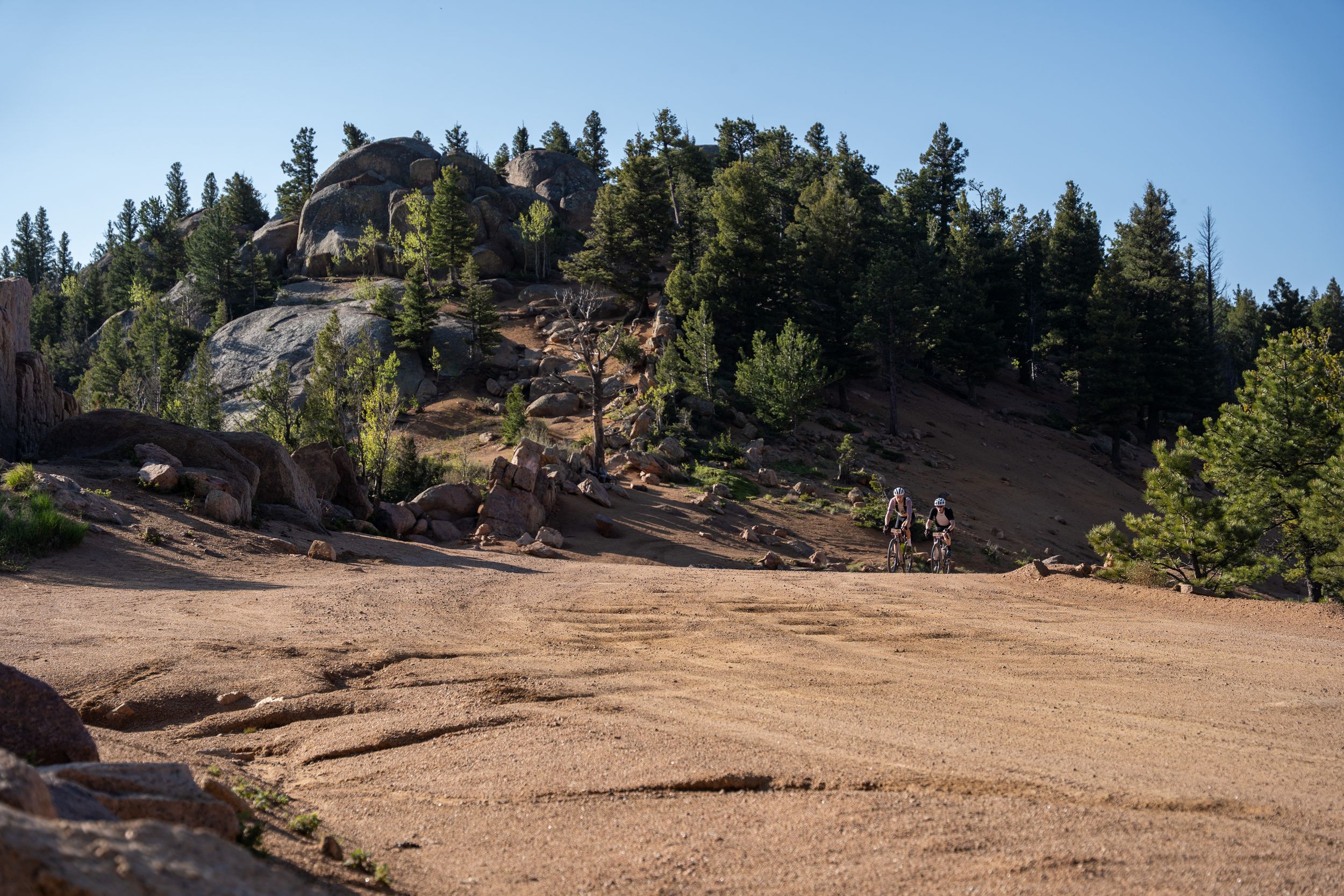 A rustic cabin perches atop a rocky hillside surrounded by evergreen trees against a blue sky.