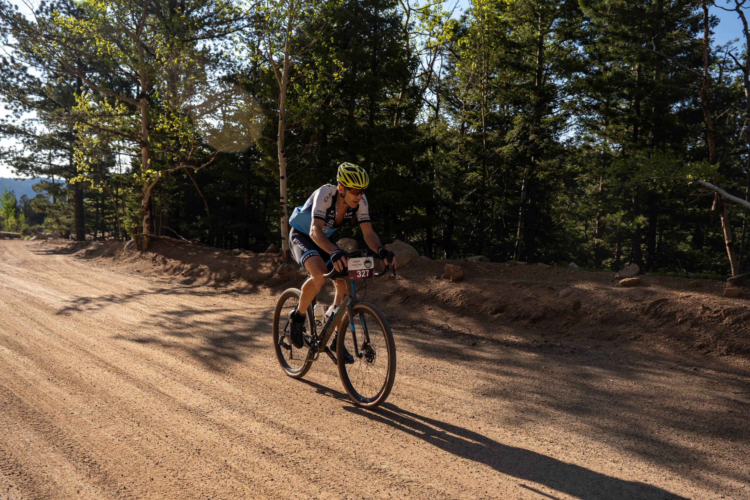 A cyclist rides a gravel bike along a dirt mountain trail surrounded by pine trees on a sunny day.