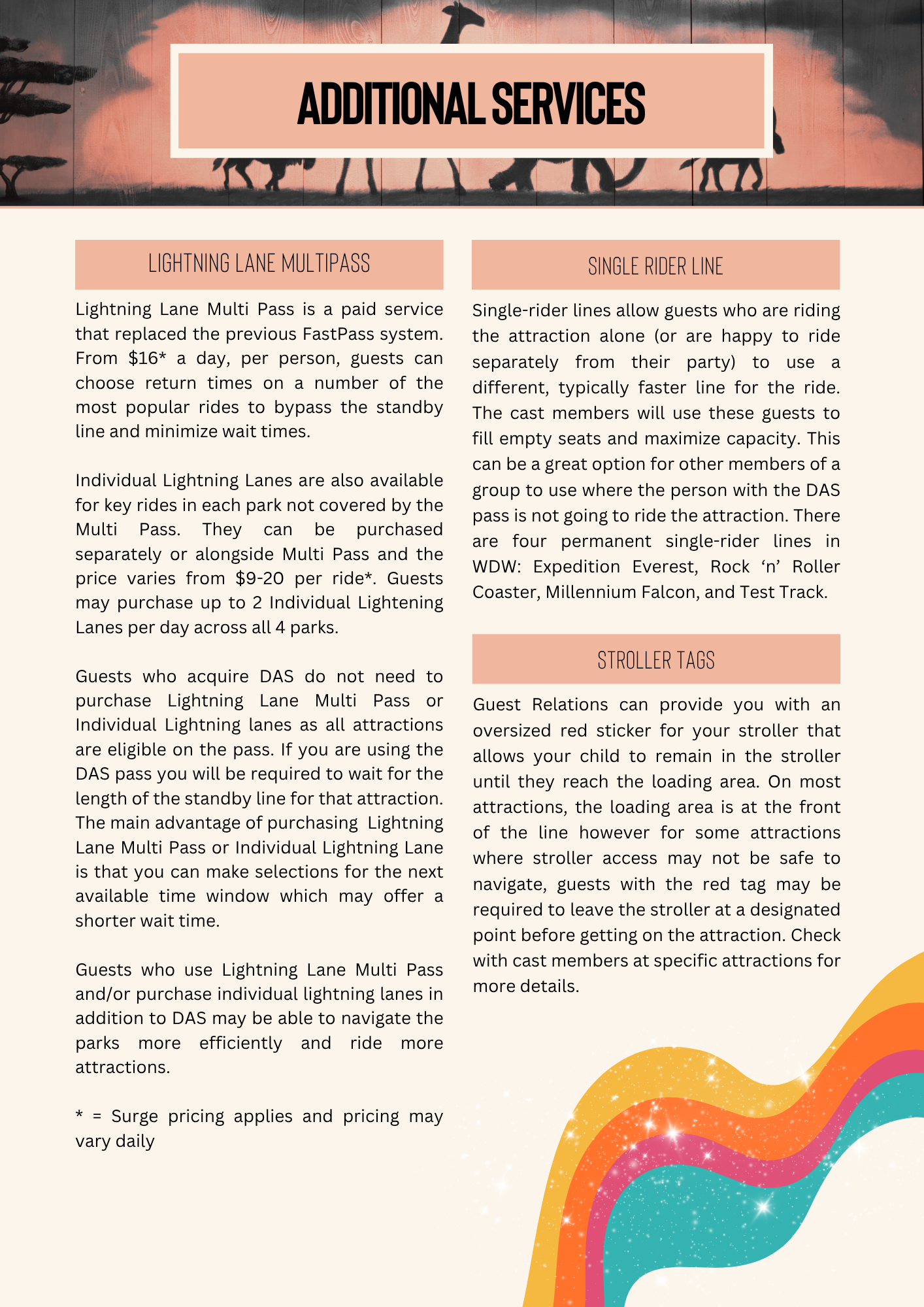 Information about Lightning Lane services and passes for Disney park attractions.
