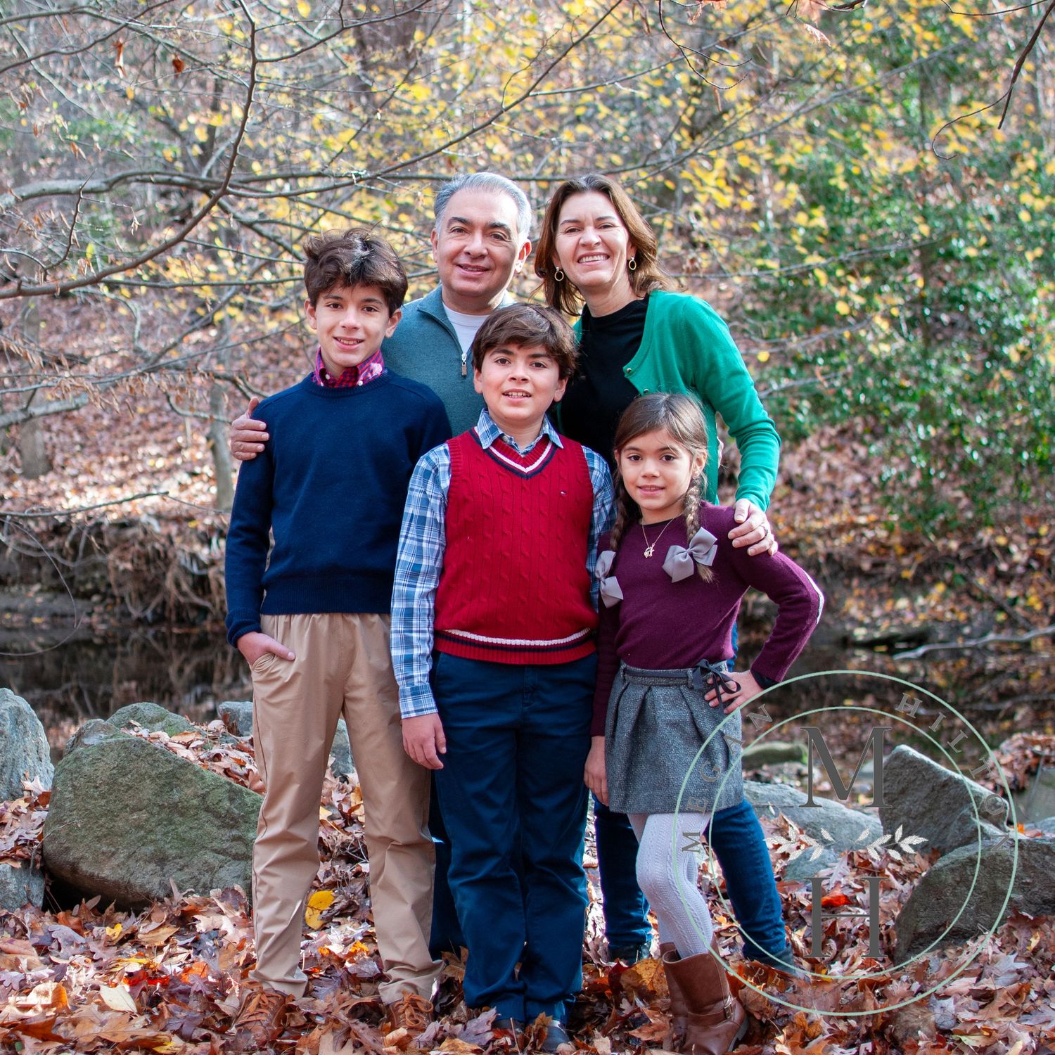 Family pose standing near stream photo