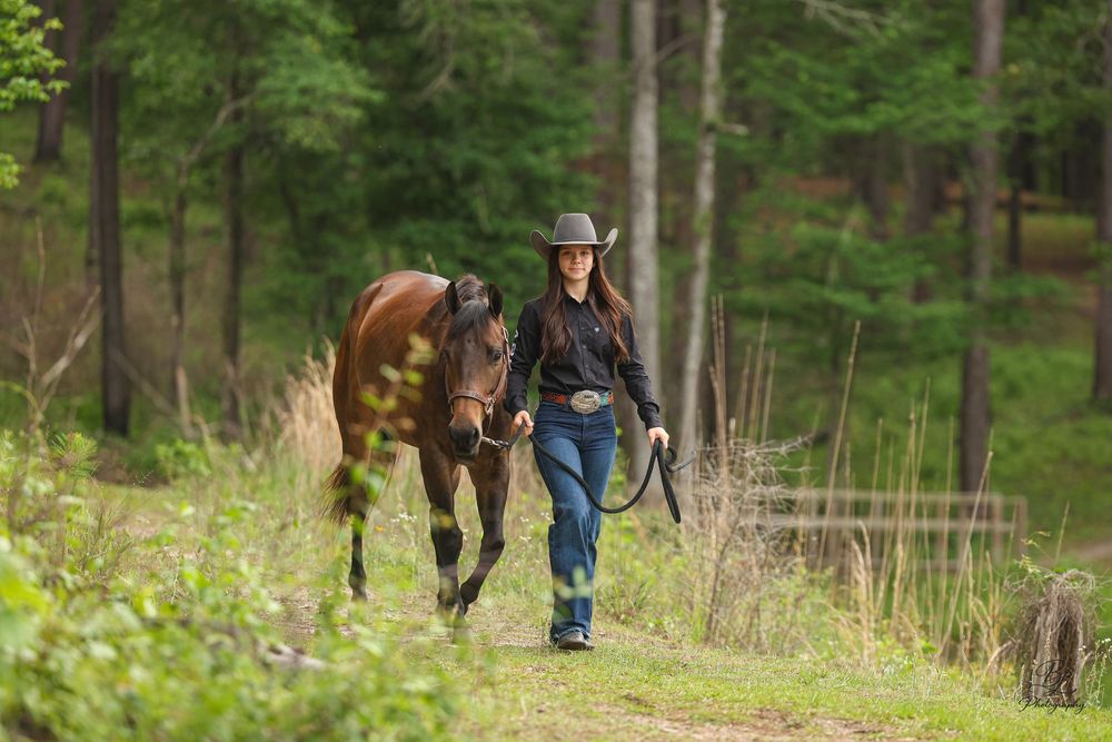 Woman in cowboy hat and jeans leading a bay horse along a wooded trail in a lush green forest.