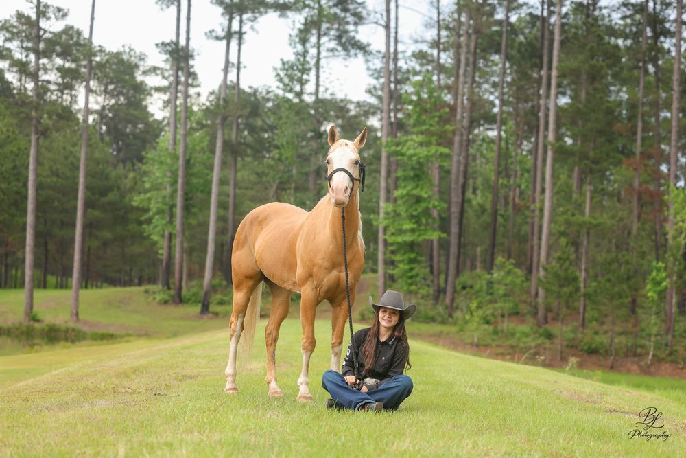 A woman in a cowboy hat sits cross-legged on grass beside a golden palomino horse in a pine tree forest.