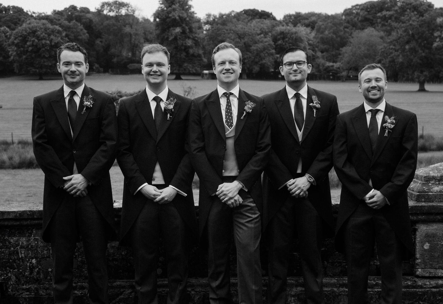 black and white editorial groomsmen portrait photography prep venue burley manor