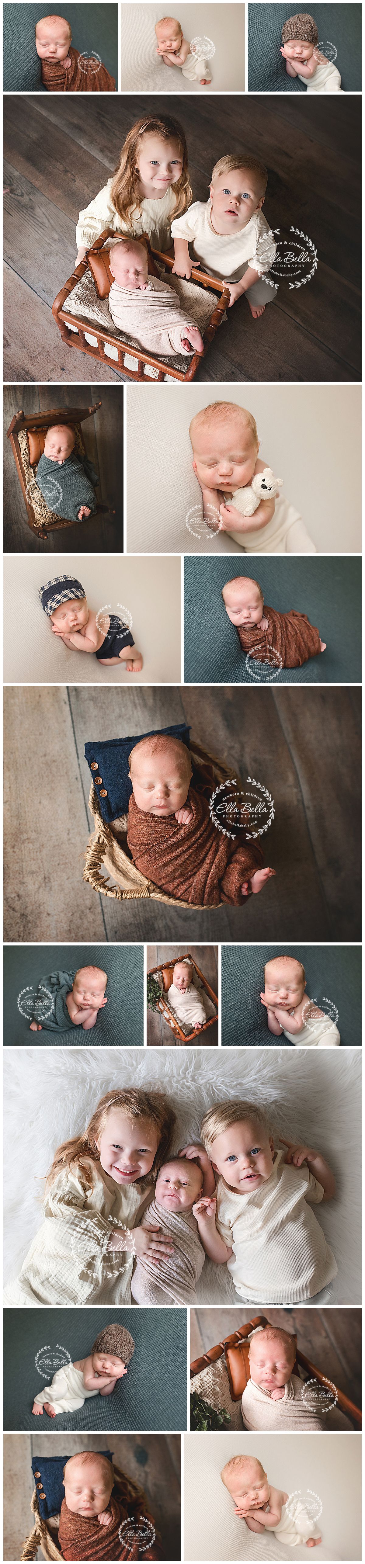 Newborn baby photography collage featuring sleeping infant poses, sibling portraits, and studio setups with neutral tones.