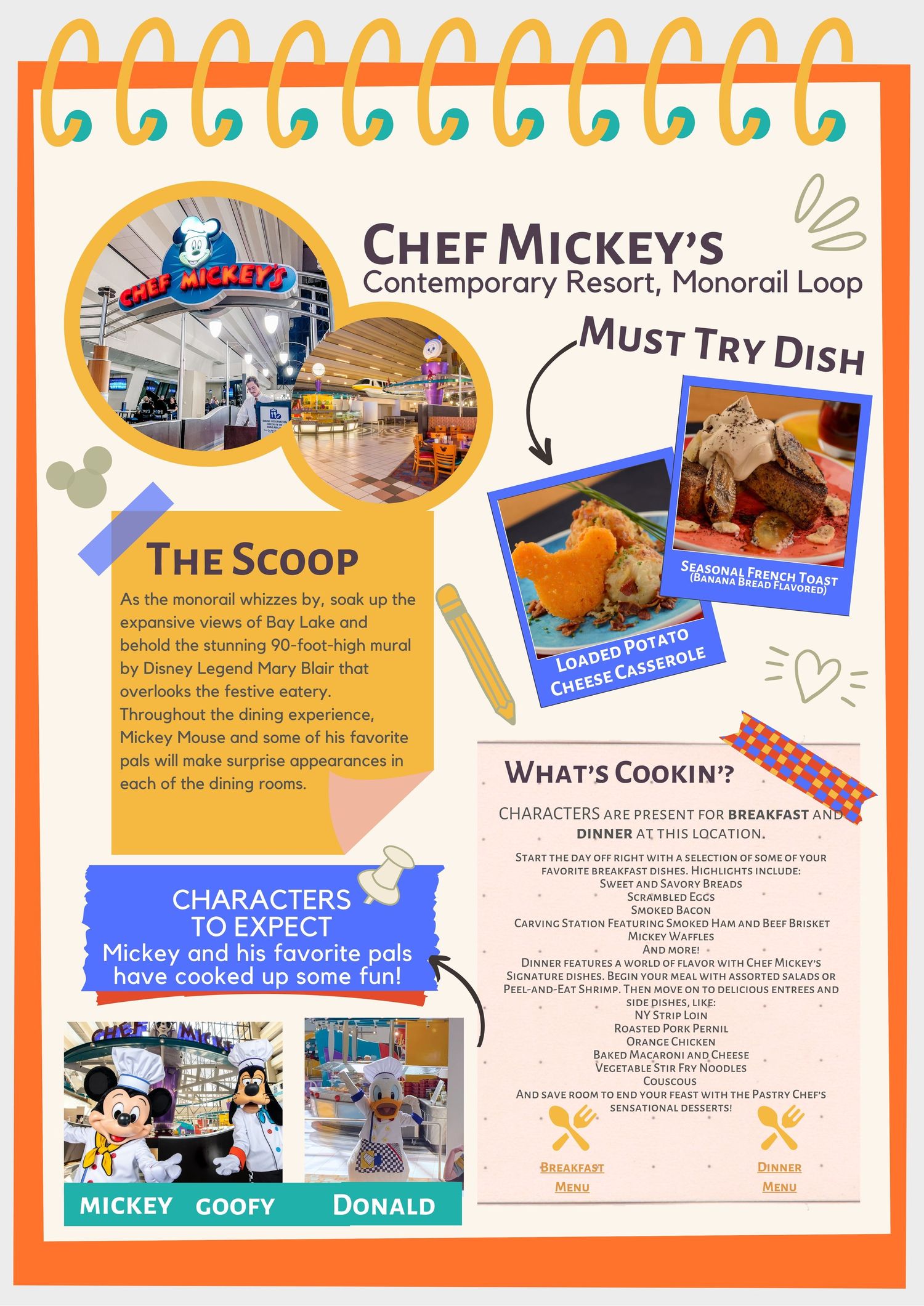 Chef Mickey's restaurant information card featuring menu highlights and dining experience details.