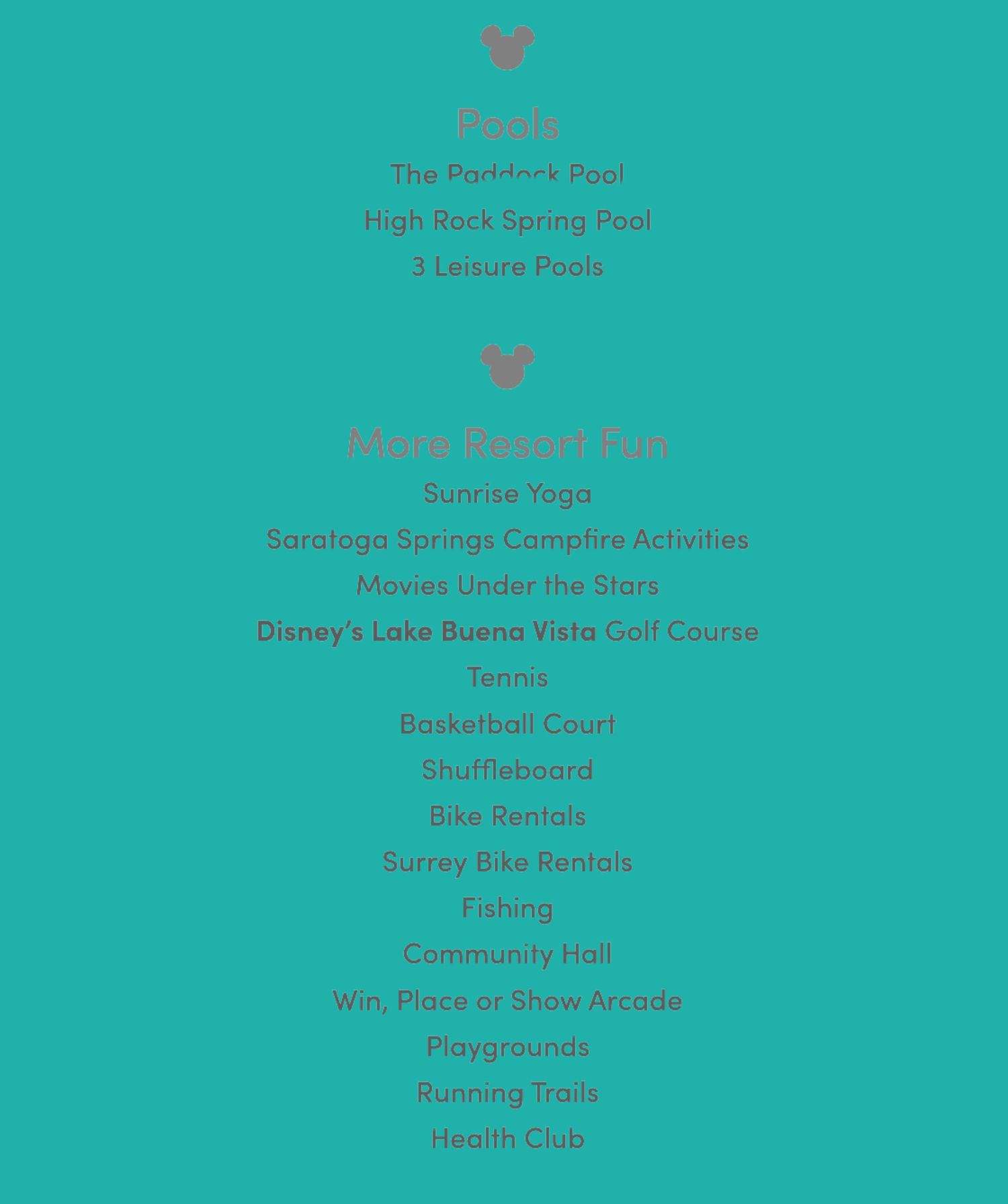 Teal colored activity menu listing resort amenities and recreational options.
