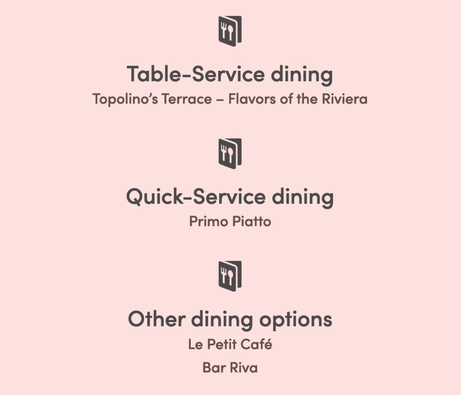 Restaurant menu options showing table service and quick service dining choices at Disney resort.