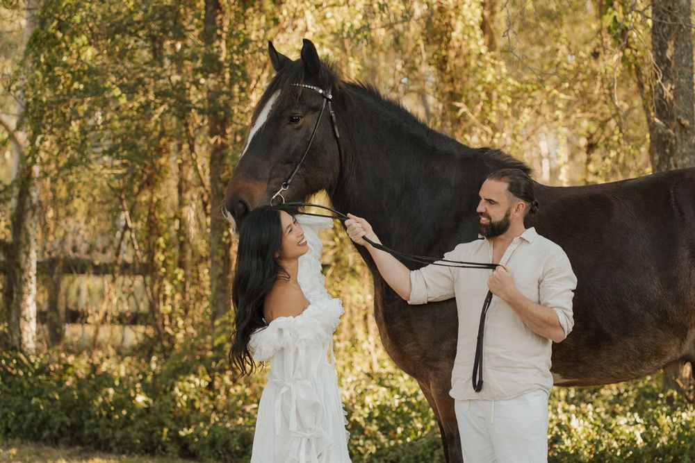Couple in white attire tenderly interact with a dark horse outdoors during a romantic couples photoshoot in sydney rouse hill