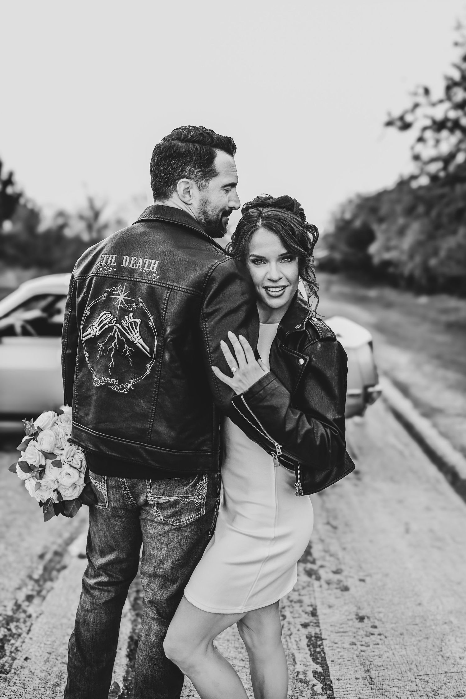 luxury engagement photos McKinney Texas high fashion couple with vintage car