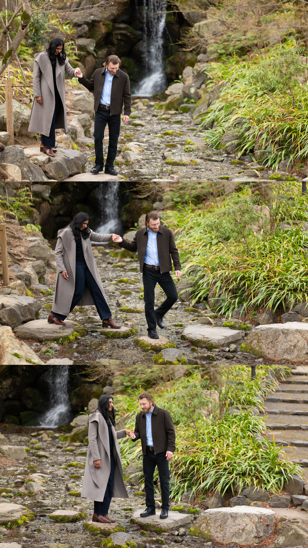 Three-panel collage of couple navigating stepping stones near a waterfall in a lush Japanese garden.