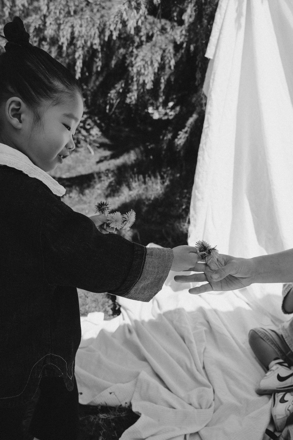 Black and white photo of a young girl receiving small flowers from another person outdoors near a white cloth.