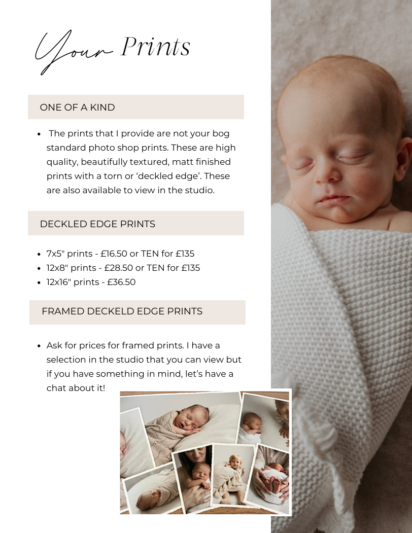 A pricing guide for high-quality  newborn photography prints with Cornwall New Born Photographer.