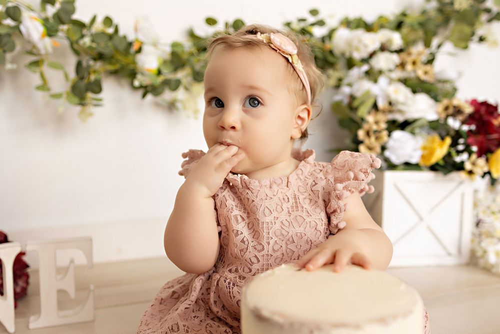 First birthday photos, family photography in Watertown WI Kendall Kuss Photography studio, cake smash photos
