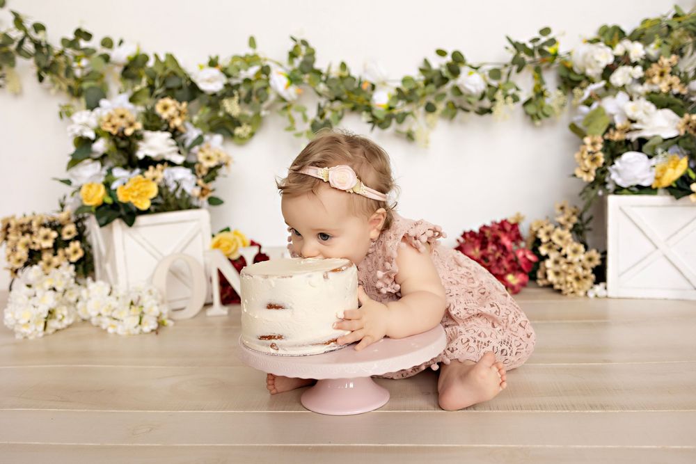 First birthday photos, family photography in Watertown WI Kendall Kuss Photography studio, cake smash photos