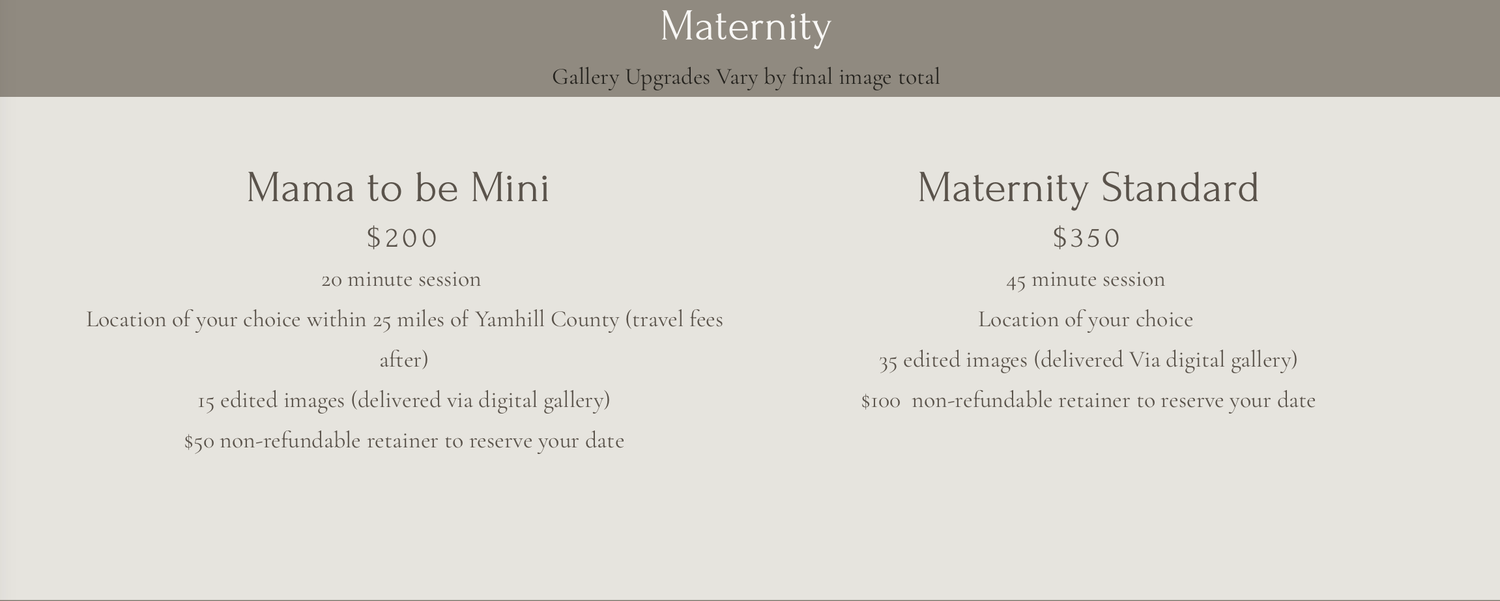 Maternity photography pricing guide showing Mama to be Mini at $200 and Maternity Standard at $350 packages.