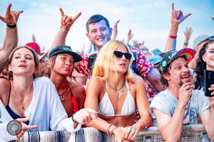 Excited festival crowd at barricade with fans making rock signs and wearing sunglasses outdoors.