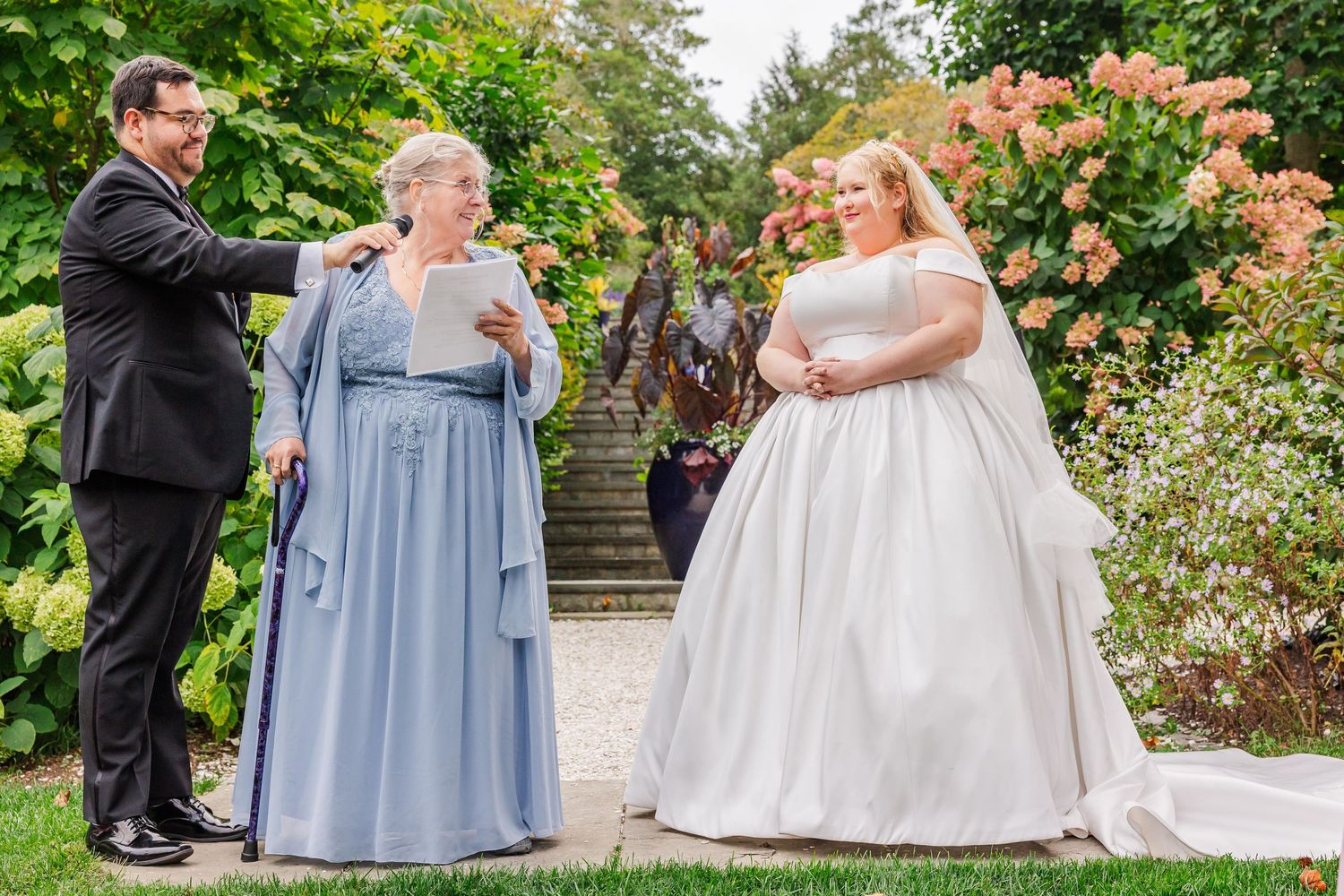 A series of outdoor wedding ceremony photos showing guests seated on white chairs in a lush garden setting.