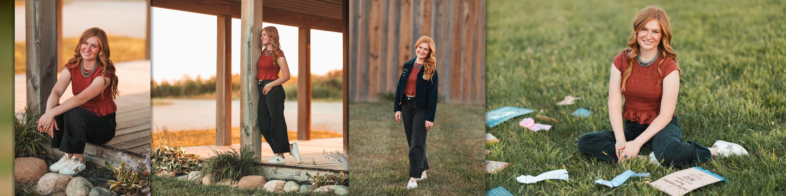 A series of outdoor lifestyle portraits showing a woman in casual clothing against rustic and natural settings.
