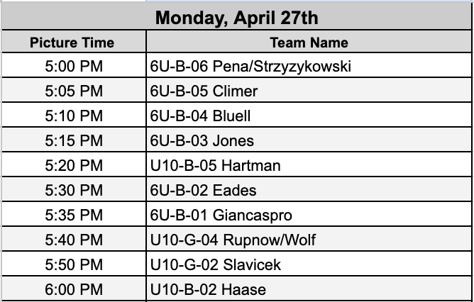 Picture schedule showing team photo times for Monday September 29th 2025.